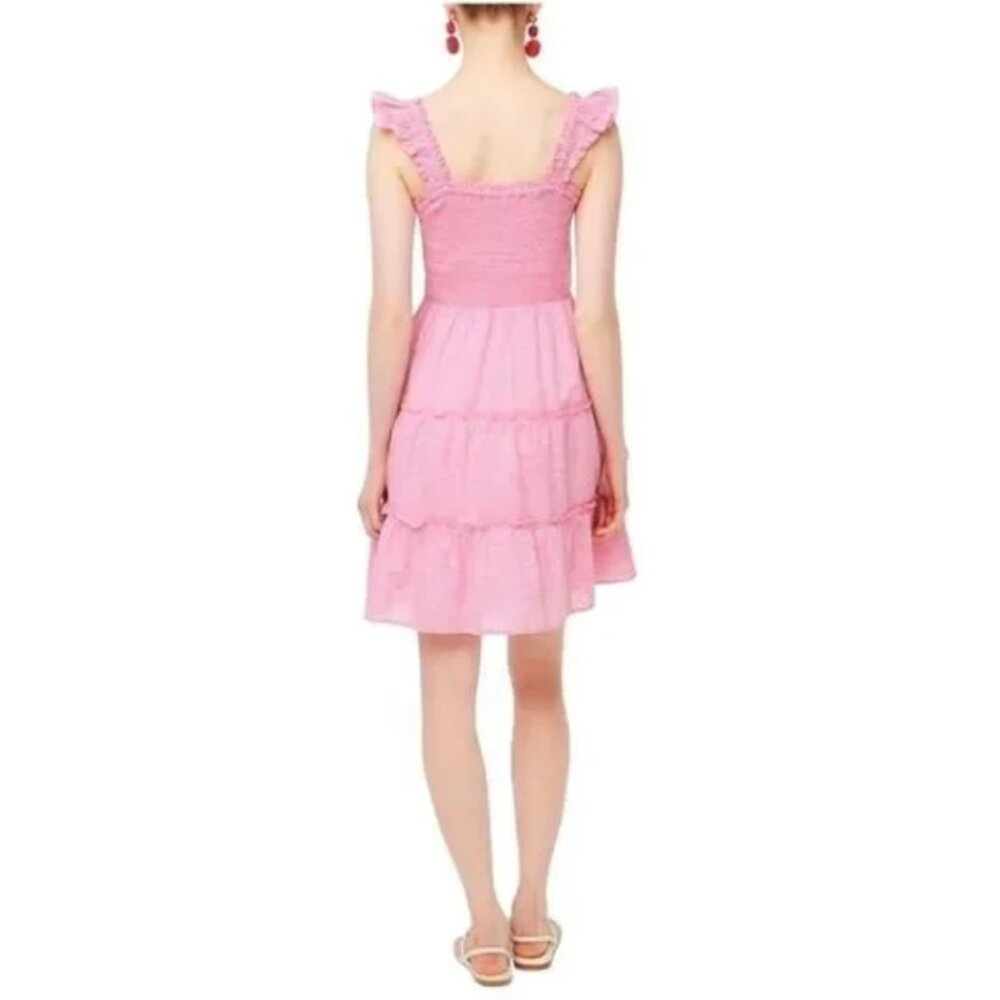 J. Crew EUC Seersucker Striped Smocked Lined Tiered Mini Dress sz M Wild Berry - Picture 2 of 4